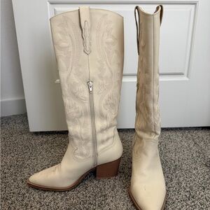 Cream Western-Style Knee-High Boots